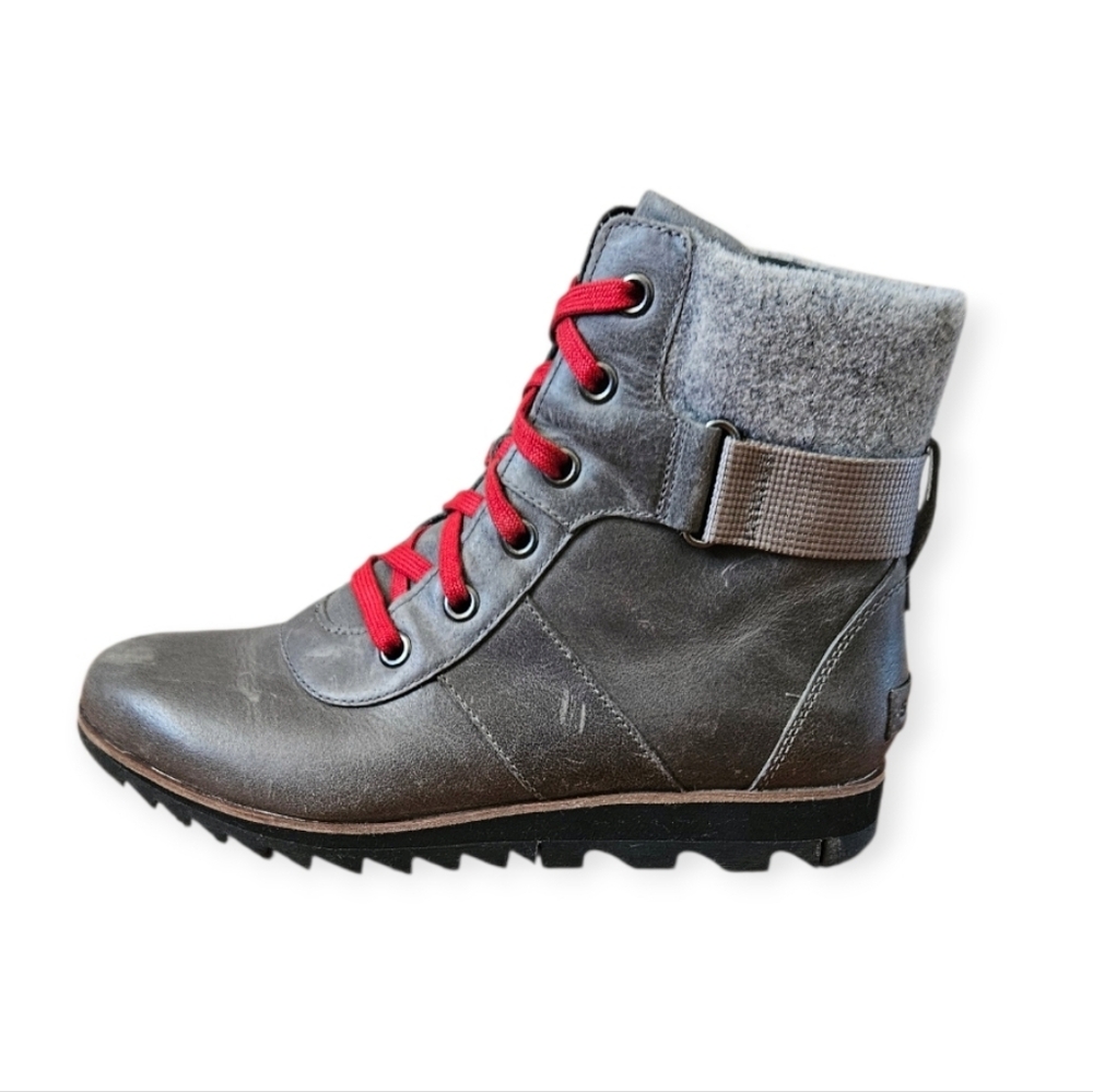 NEW LIKE Sorel Harlow Conquest Gray Leather Lace Up Hiking Combat Boots Womens 9